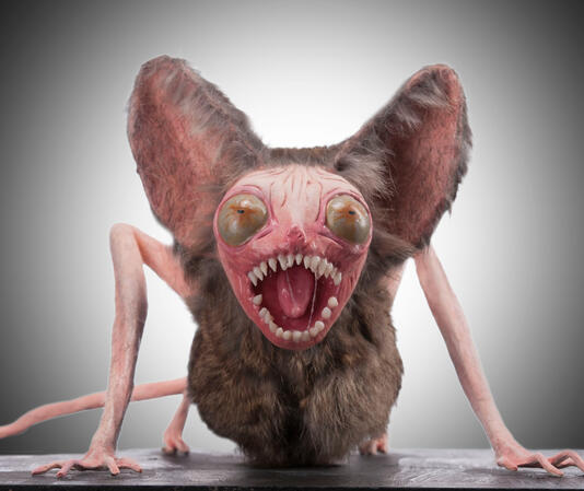 A furry creature that appears to be hissing and/or screeching, with large ears, pointy teeth, and large eyes with small pupils, positioned in such a way that indicates it might launch itself at you.