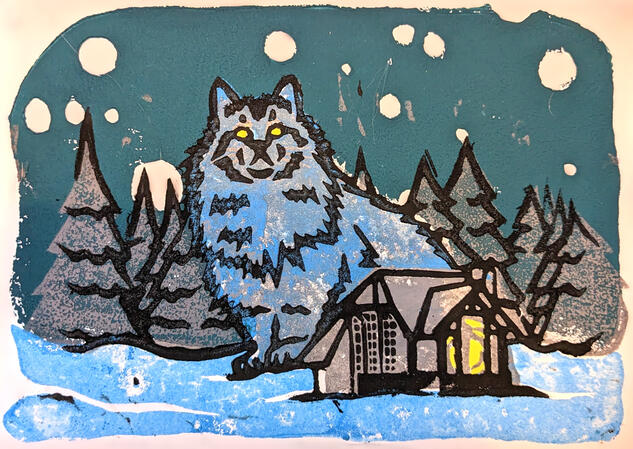 Yule cat. Lino block print depicting the Icelandic Yule cat, sitting behind a small cabin in the middle of the woods during winter.