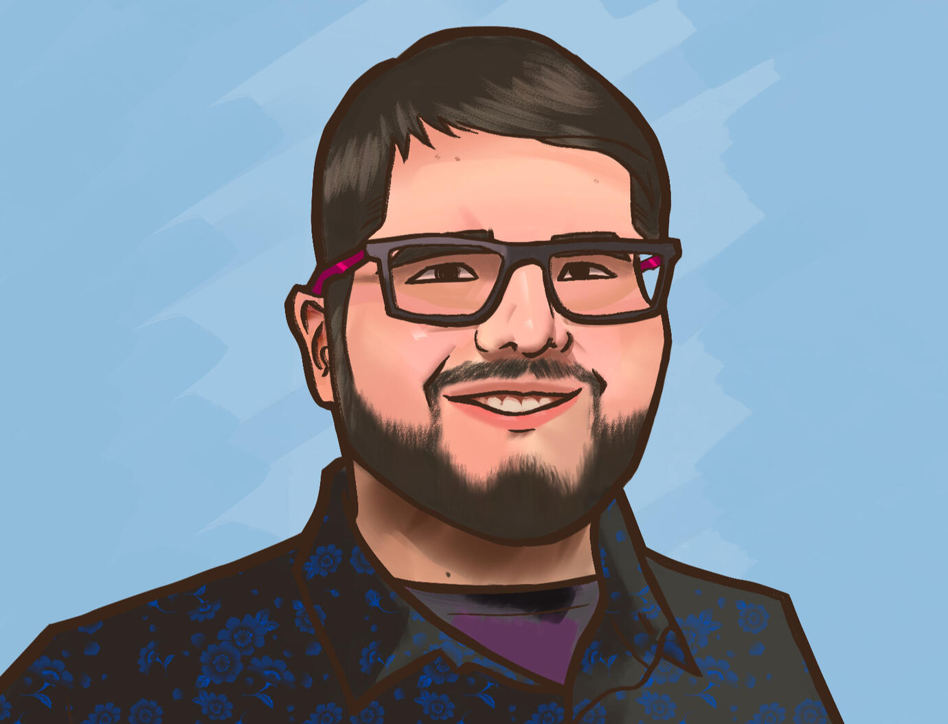 Seth A painterly and illustrative portrait of a man with dark brown short hair, a beard, and a mustache, wearing square glasses, a dark purple T-shirt with a dark gray and blue floral pattern button-down, and a sky blue background.